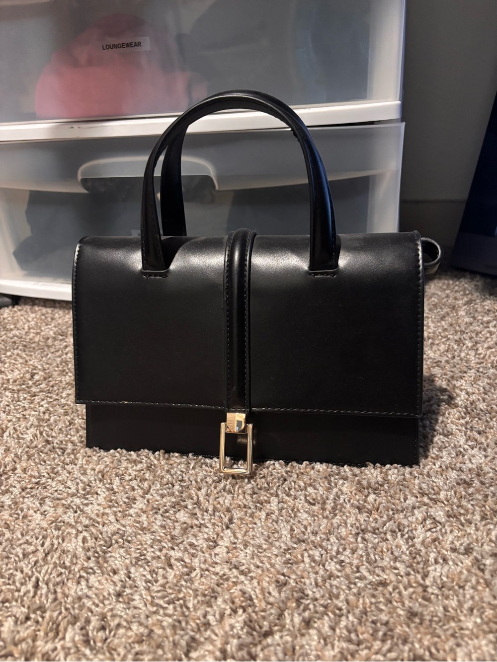 Zara Black Structured Top-Handle Crossbody Bag with Gold Buckle